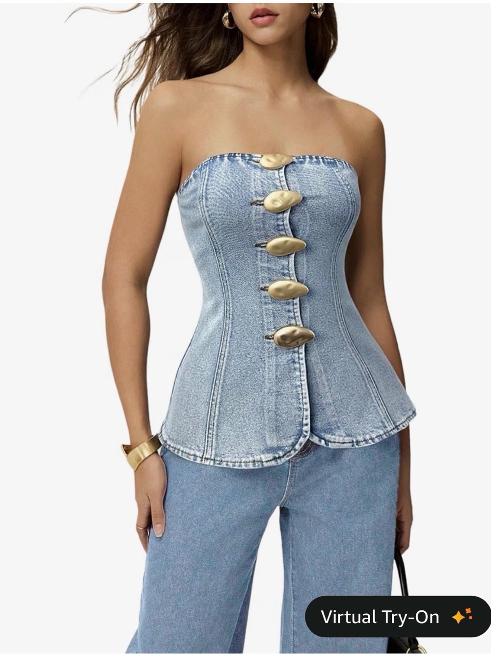 Strapless Light Blue Denim Corset Top with Gold Buttons